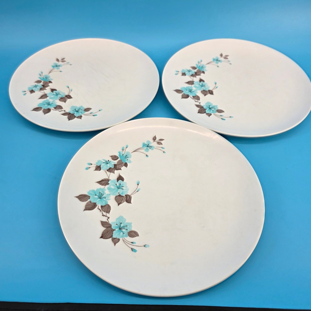 Vintage Texas Ware Melamine Plates Set of 3 Blue Bonnet Floral MCM G-3